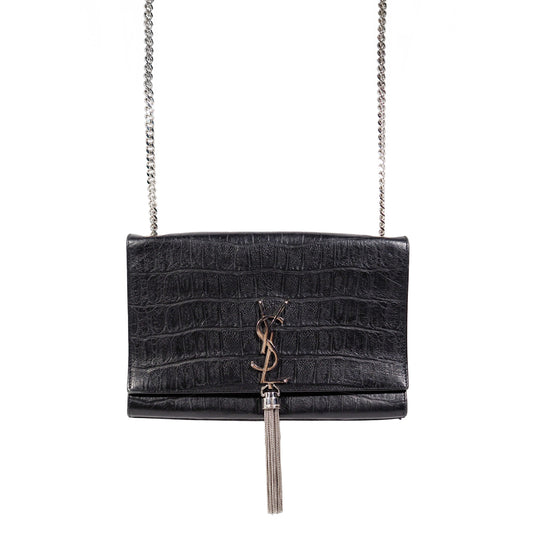 YSL Kate Monogram Croc-Embossed Leather Shoulder Bag