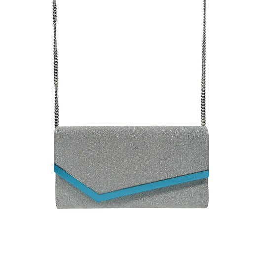 Jimmy Choo Silver and blue Emmie crossbody chain clutch