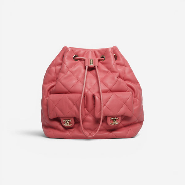Chanel Quilted Lambskin Drawstring Backpack Pink Gold  display picture 3