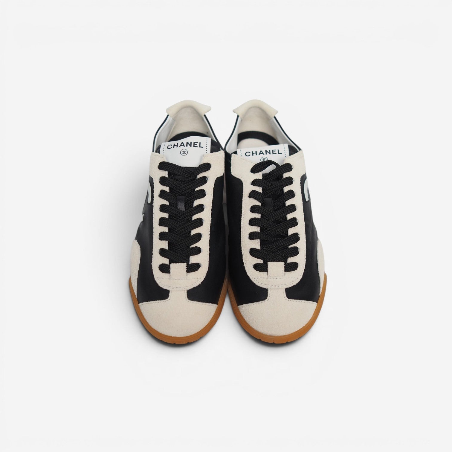 Chanel Black Leather & White Suede CC Logo Sneakers - Size 38