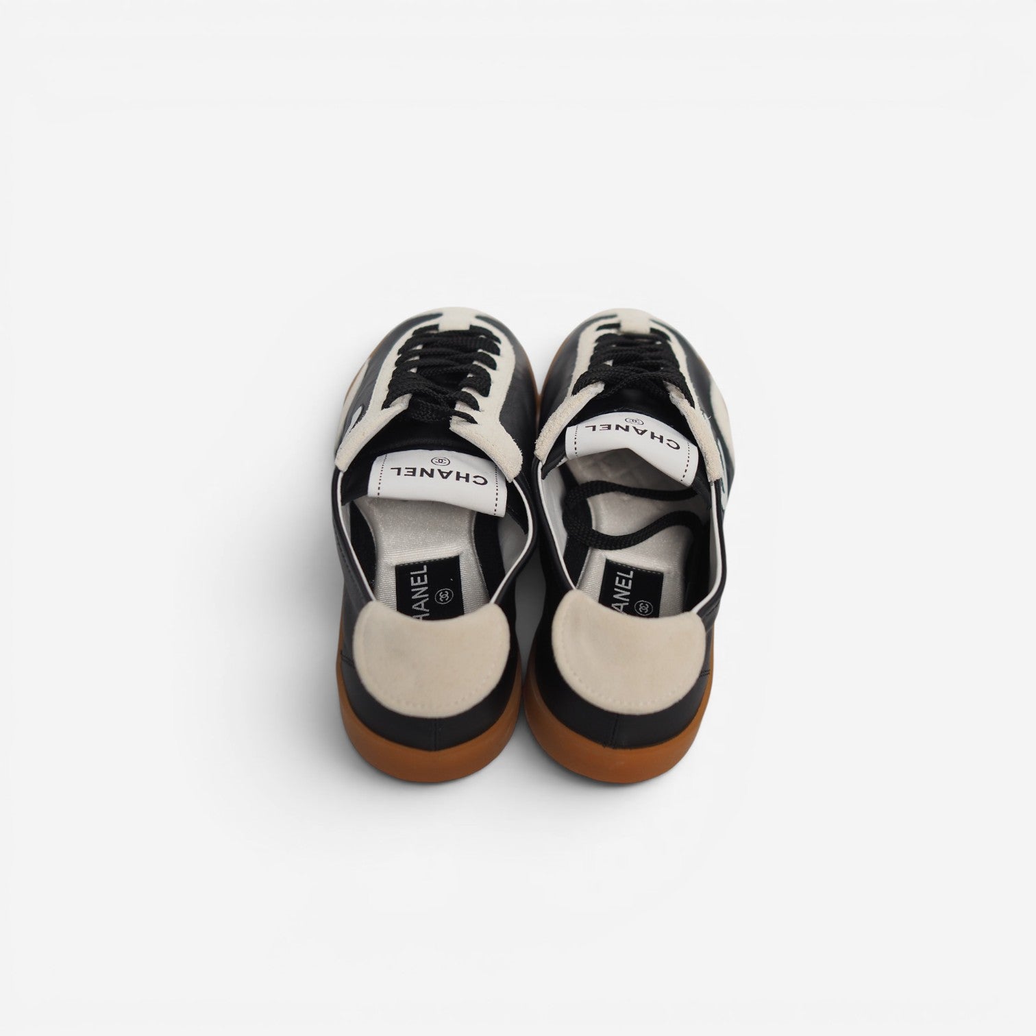 Chanel Black Leather & White Suede CC Logo Sneakers - Size 38